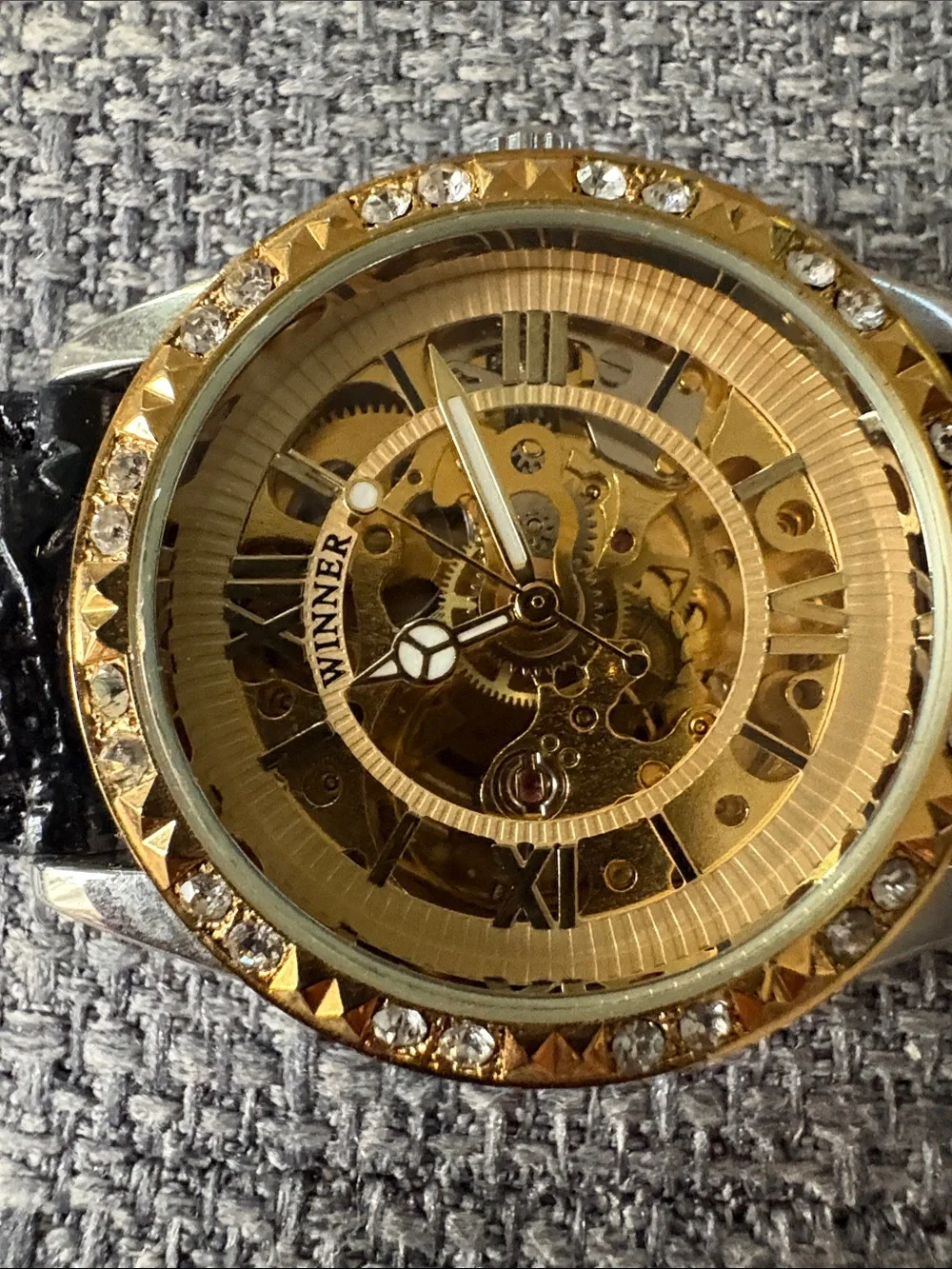 Men's Gold Skeleton Dial Dress Watch with Black Leather Strap